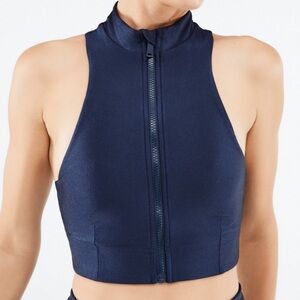 Fabletics Deep Navy Shine Leilani Zip Front Built-In Bra Tank Size XL